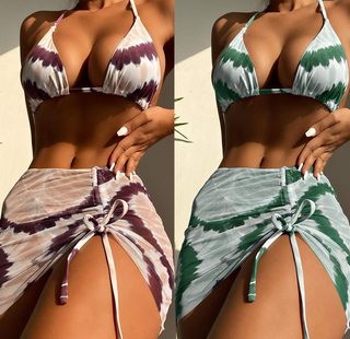 2023 Summer Ladies Three Piece Set Mesh Tie Dye Women Bathing Swimsuit Cover Up Dresses Bikini Set