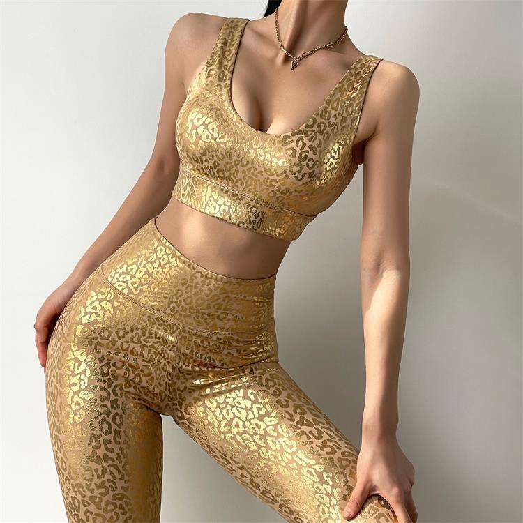 Women Soft Shinny Gold Leopard Firm Control Exercise Running Fitness Wear