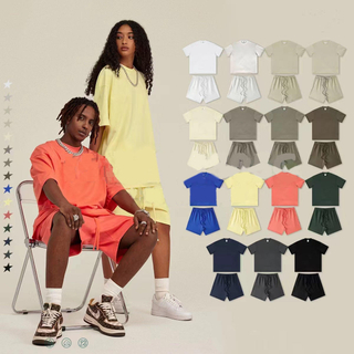 Customized Logo Unisex Summer Shorts For Men 100% Cotton Blank Men's Sets Jogging Sportswear Gym Fitness Tracksuit 2 Piece Suit