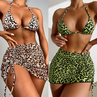 Leopards Printing 3pcs Set Swimming Set Sexy Simple Gothic Invisible Women Beachwear 2023 Wholesale Bikini Set