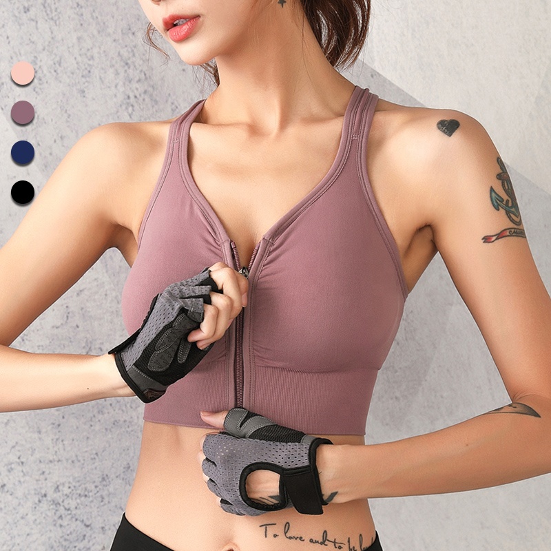 Cross Shoulder Straps Beauty Back Plus Size Wireless Fitness Gym Yoga Bra Front Zipper Sports Bra For Womens