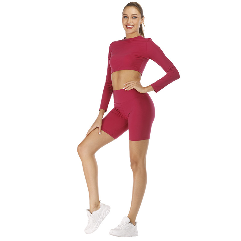 Womens Workout Biker Shorts Set Long Sleeve Shirt Gym Yoga Shorts Set Skin-friendly Crop Top Shorts Set