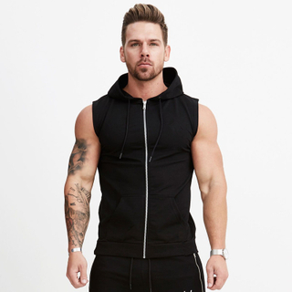 Cotton Workout Gym Tank Top With Hat Mens Muscle Front Zipper Sleeveless Sportswear Tank Top Bodybuilding Singlets Fitness Vest