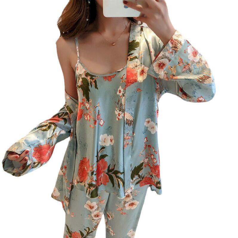 2022 New Arrival Long Sleeve Home Suit For Women 3 Piece Set Thick Sleepwear Set Lace Patchwork Bril Wedding Nightwear