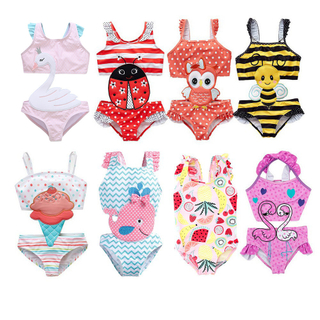 Customization Girls Swimwear Kids One Piece Hat Infantil Baby Swimsuit Ruffle Shoulder Straps Printed Children's Swimming Suit