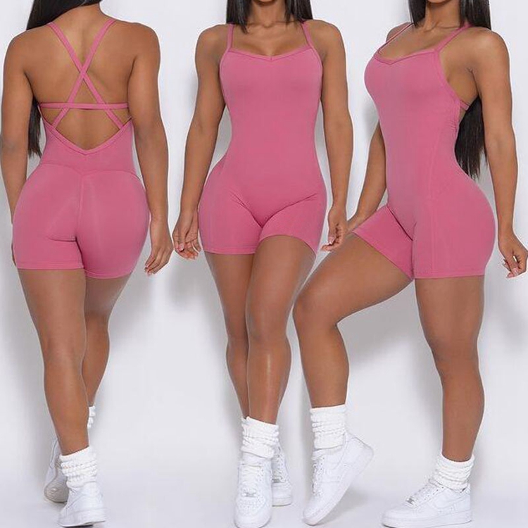 Women Backless Scrunch Peach Butt One Piece Workout Yoga Jumpsuit Nylon Plain Color Workout Gym Fitness Sets