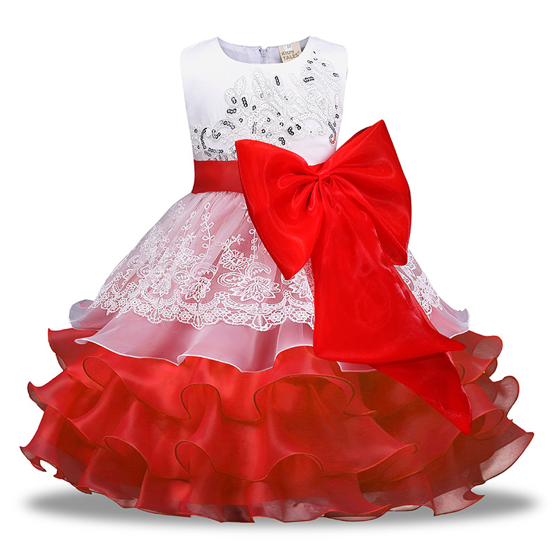Children's Wedding Dress Vintage Princess Skirt Waist Bow Pleated Puffy Baby Sequin Girls Dress