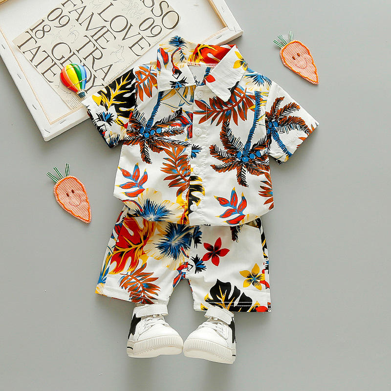 Summer Boy Clothes Outfit Set Toddler Baby Boys Clothing Hawaii Shirt Shorts Printed Flower Leaf Boy Set 1-5 Years Kids Suit