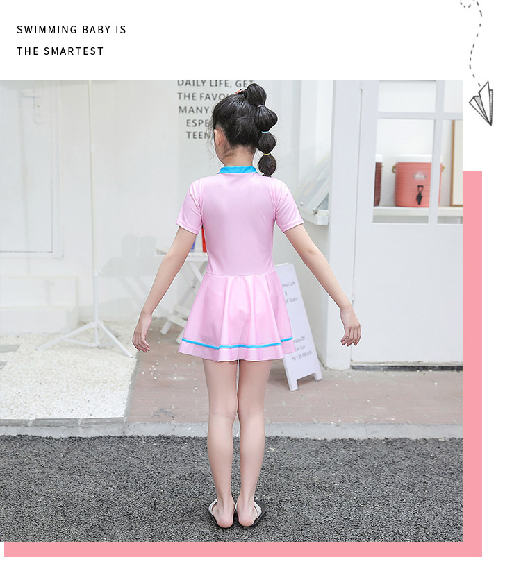 Wholesale Young Girls Swimdress 2-12 Children's One Piece Swimsuit Half Zipper Blank Printed Shorts Skirt Kids Swimwear