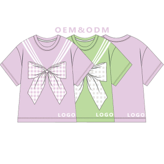 New Fashion Children Custom Printing 100% Cotton Bows Stripe T-shirts Girls Summer Short Sleeve Casual T-shirts