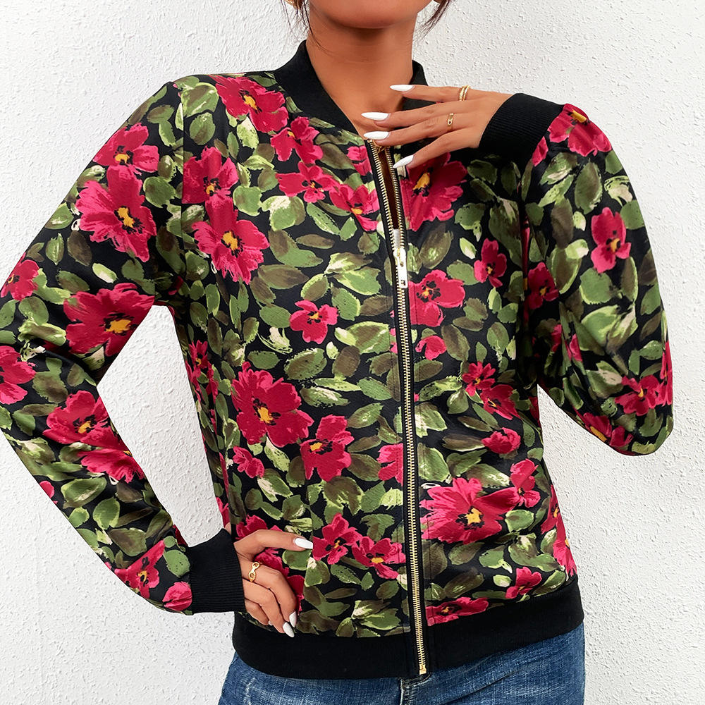 Wholesale Autumn Winter New Women's Floral Jacket Cardigan Slim Jacket Long Sleeve Baseball Jacket