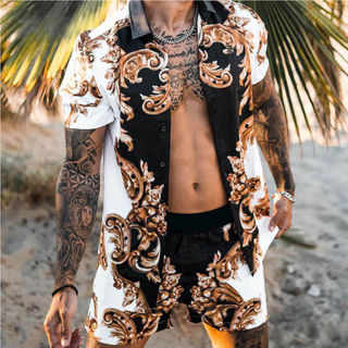 2022 Men Sets Print Patchwork Lapel Short Sleeve Casual Shirt Beach Shorts Summer Streetwear Vacation Hawaiian Suits Men S-2XL