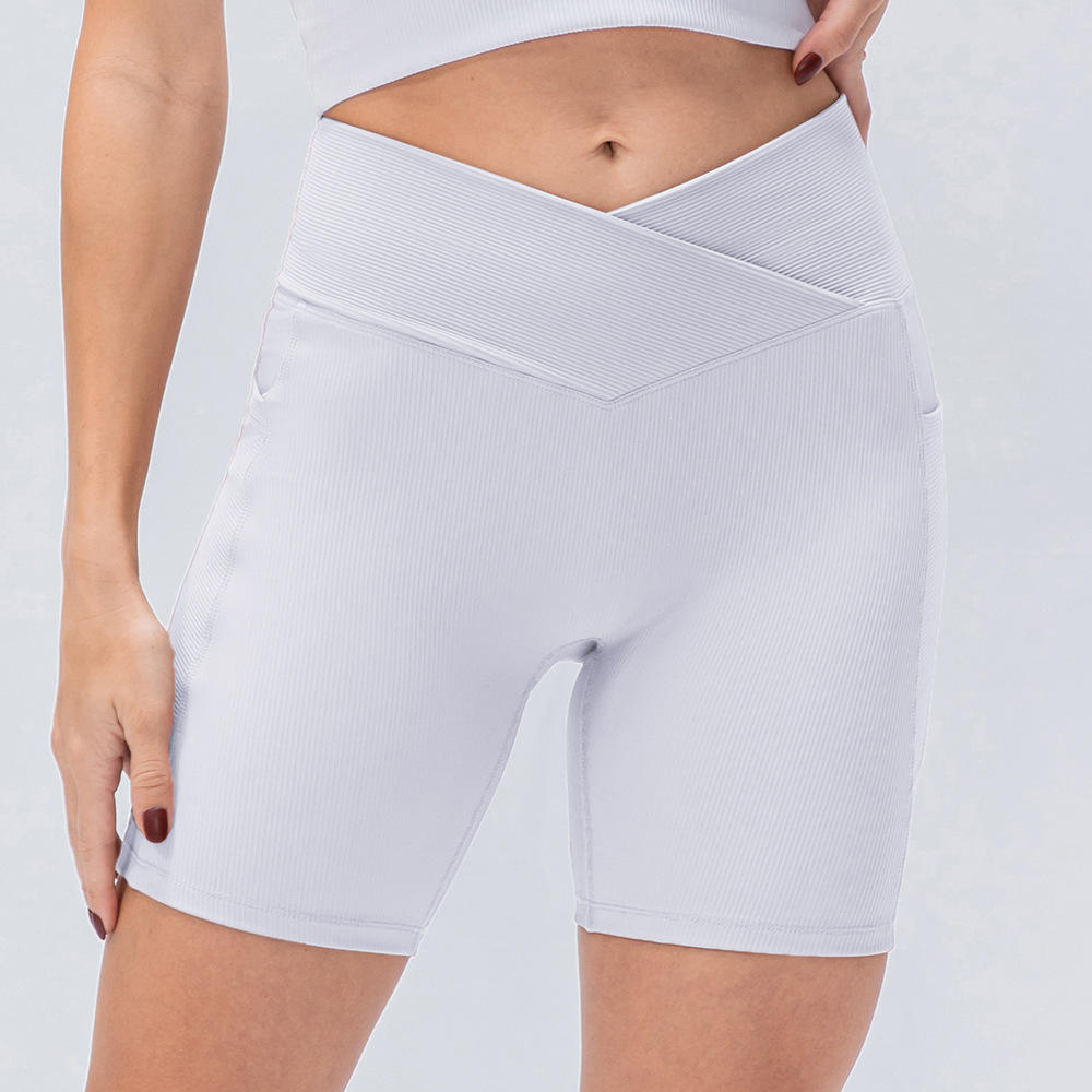 2022 New Women's Yoga Shorts Cross Waist Tight Fitness Pants Pockets High Waist Hips Running Sports Shorts
