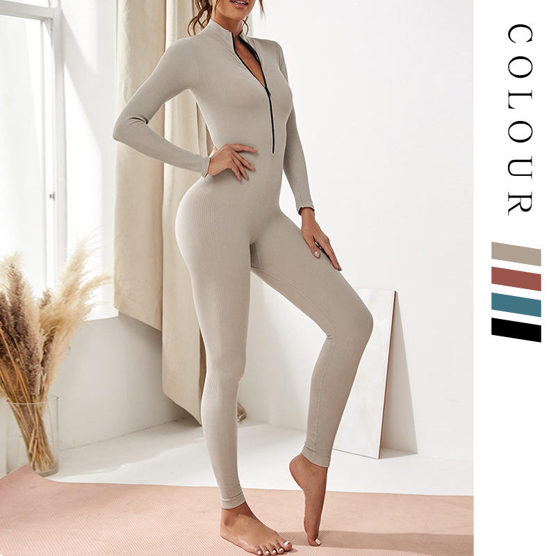 Sexy Front Zipper Long Sleeve Women Sports Jumpsuits Solid Color Women Yoga Sports Gym Bodysuits High Women Yoga Playsuits