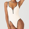 Custom LOGO Swimsuit Short Sleeve Sexy Women Beach Swimwear Half Zipper Solid Plus Size Bodysuit One Piece Set